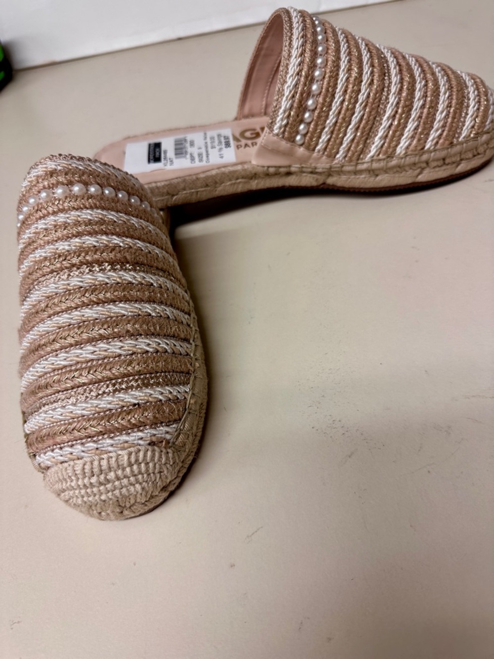 Karl Lagerfeld Beige and Cream Pearl-Trim Espadrille Slip-Ons